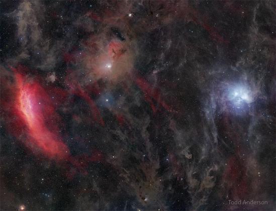A common legend is that one of the brighter stars faded since the cluster was named. On the left, shining in red, is the California Nebula. Named for its shape, the California Nebula is much dimmer and hence harder to see than the Pleiades. Also known as NGC 1499, this mass of red glowing hydrogen gas is about 1,500 light years away. Although about 25 full moons could fit between them, the featured wide angle, deep field image composite has captured them both. A careful inspection of the deep image will also reveal the star forming region IC 348 and the molecular cloud LBN 777 (the Baby Eagle Nebula). 