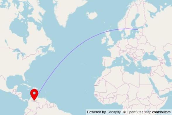 A map showing the great circle route from Haapsalu in Estonia to a map pin at Iglesia nuestra señora del carmen, Carretera Regional La Grita - La Fría via principal, Caño Grande, Tachira State, Venezuela