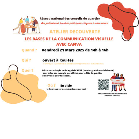 🎨✨ ATELIER DÉCOUVERTE : Les bases de la communication visuelle avec Canva ✨🎨
Envie d'apprendre à créer des visuels percutants pour vos événements ou réseaux sociaux ? 🖌️📢 Rejoignez-nous vendredi 21 mars 2025 de 14h à 16h pour un atelier 100% pratique et accessible à tou·tes ! 💡
📍 En visio le lien vous sera envoyé par mail
📅 Ouvert à tous et animé par des formatrices expertes
📌 Inscription ici ➡️ https://framaforms.org/2025-ateliers-rncq-inscription-1736851070
Ne manquez pas cette occasion de maîtriser les bases de Canva et de donner vie à vos idées ! 🚀
#Canva #CommunicationVisuelle #RéseauConseilsDeQuartier#ParticipationCitoyenne #DémocratieLocale #IntelligenceCollective #Formation
