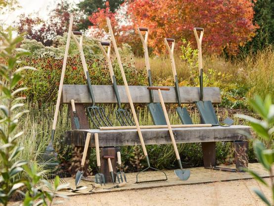 Burgon & Ball's BoronGreen range of gardening tools with wooden handles and green coated blades