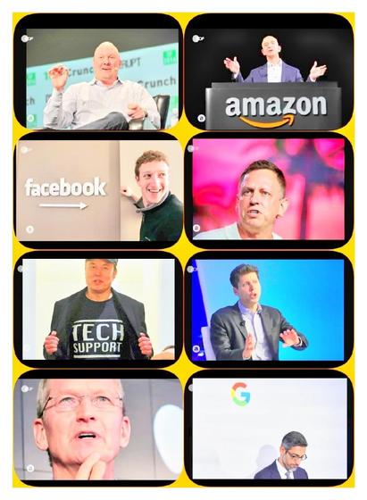 Das Bild zeigt eine Collage von acht verschiedenen Porträts von bekannten Persönlichkeiten der Technologiebranche. Zu sehen sind unter anderem Steve Ballmer, Jeff Bezos mit dem Amazon-Logo, Mark Zuckerberg neben einem Facebook-Logo, Peter Thiel, Elon Musk mit einem "Tech Support"-T-Shirt, ein Redner vor blauem Hintergrund, Tim Cook und Sundar Pichai mit dem Google-Logo im Hintergrund. Die Porträts sind in einem gelben Rahmen angeordnet.

Bereitgestellt von ⁨@altbot⁩, generiert mit Gemini