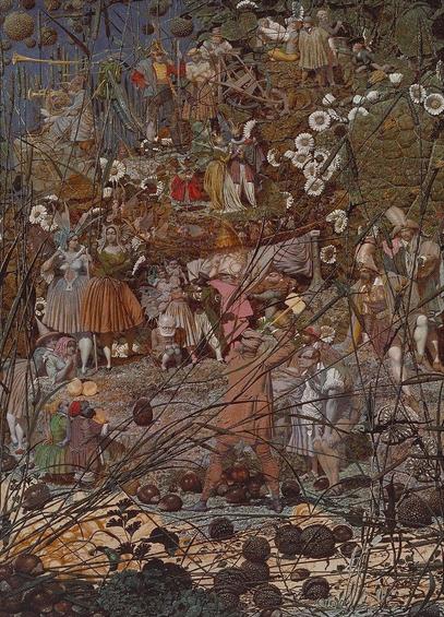 Painting by Richard Dadd "The Fairy Fellers Master stroke". It is a very confusing painting with a depiction of a procession of fairies within foliage. Main  colour is brown and the main subject is the little fairy feller who splits a hazelnut for fairy-queen Mab's carriage