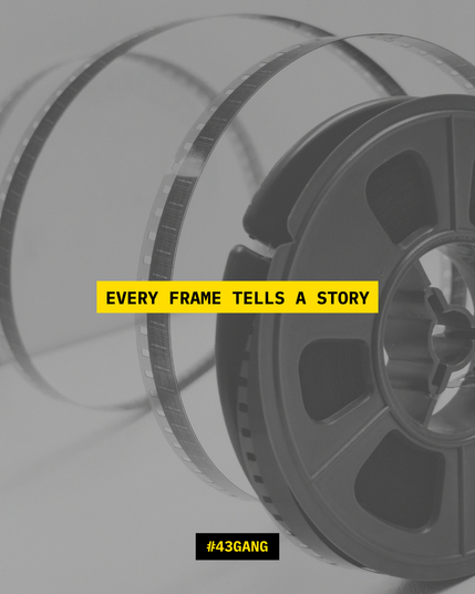 A film reel with an overlay text that says "EVERY FRAME TELLS A STORY".