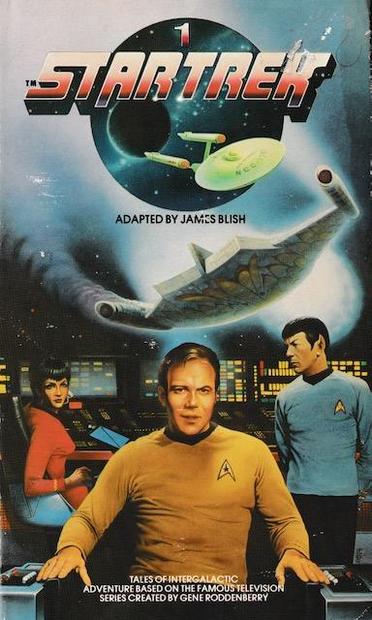 The cover image of James Blish's first volume of Star Trek episode novelisations from the early 1980s. Artwork by Chris Achilleos.
