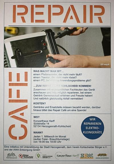 Flyer für das RepairCafe in Herzogenrath Kohlscheid. Jeden 1. Mittwoch im Monat ab 16:00Uhr im Konzerthaus Harff, Südstraße 14 in Herzogenrath.