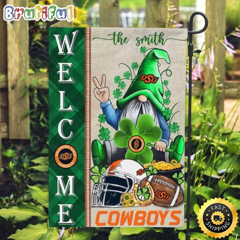 NCAA Oklahoma State Cowboys Garden Flag St Patricks Day Gnome Shamrock Welcome Garden Flag