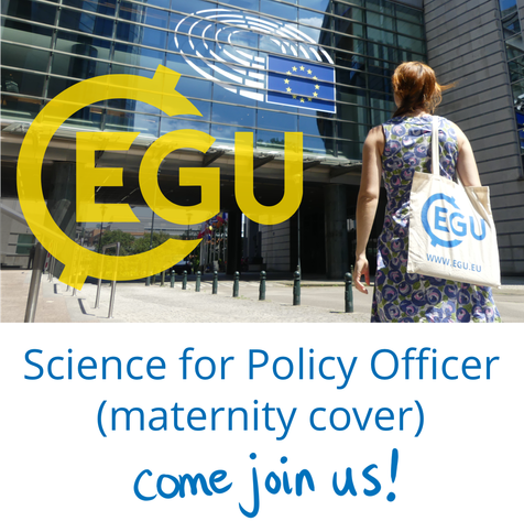 Woman walking towards EU parliament building, blue text reads science for policy officer (maternity cover) come join us! with the EGU logo in yellow.