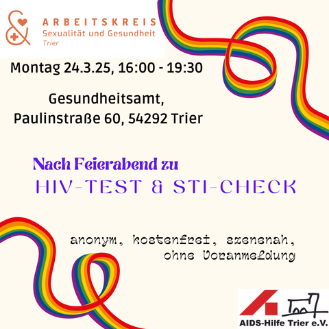 Flyer zum HIV-Test im Gesundheitsamt Trier am 24.03.2025, 16-19:30 Uhr. Anonym, kostenlos, ohne Anmeldung.