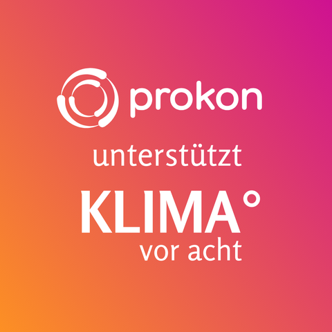 Rötlicher Hintergrund, weiße Schrift: Prokon unterstützt Klima vor acht
