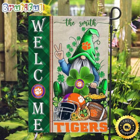 NCAA Clemson Tigers Garden Flag St Patricks Day Gnome Shamrock Welcome Garden Flag