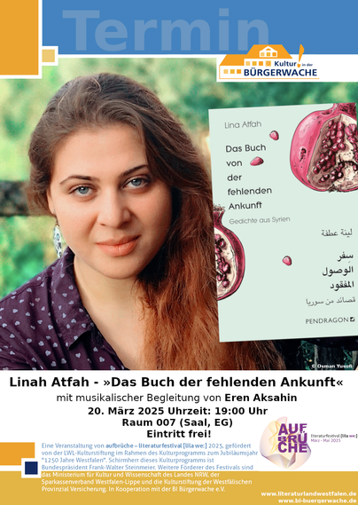 Das Plakat zur Lesung: Linahs Porträt mit einem Bild des Buchtitels, darunter die Daten der Veranstaltung.