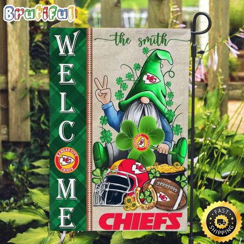 NFL Kansas City Chiefs Garden Flag St Patricks Day Gnome Shamrock Welcome Garden Flag