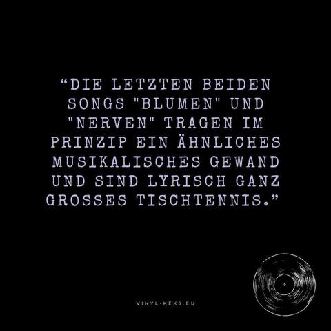 Bild-Text:

"DIE LETZTEN BEIDEN SONGS "BLUMEN" UND
"NERVEN" TRAGEN IM PRINZIP EIN ÄHNLICHES MUSIKALISCHES GEWAND UND SIND LYRISCH GANZ GROSSES TISCHTENNIS."
VINYL- KEKS.EU