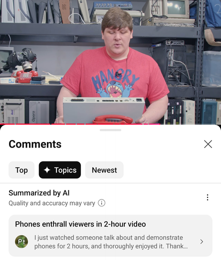 YouTube's new ai-sorted "topics" comment feed below a Cathode Ray Dude video. The top topic is "Phones enthrall viewers in 2-hour video."