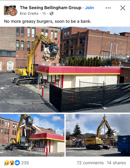 screenshot of a facebook post, an excavator demolishes a drive through hamburger restaurant.