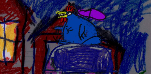 Drawing by the character Meatwad of Jet Chicken featuring a blue chicken with yellow beak, and red comb sitting on an object facing the side of a house. This drawing and the animated character voiced by George Lowe appeared in episode "Rocket Horse Jet Chicken" of the animated TV show "Aqua Teen Hunger Force".

Image from the Aqua Teen Hunger Force Wiki.
https://aqua-teen-hunger-force.fandom.com/wiki/Jet_Chicken
