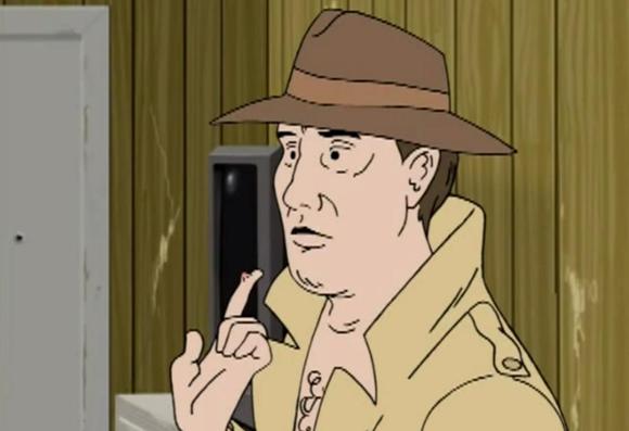 Image of the character Private Inbreastigator Bruno Sardine from episode "Dirtfoot" of the animated TV show "Aqua Teen Hunger Force" features the upper body of a man bearing the likeness of voice actor George Lowe, naked but for a khaki raincoat and brown trillby and holding up a finger with a small bump.

Image from the Aqua Teen Hunger Force Wiki.
https://aqua-teen-hunger-force.fandom.com/wiki/Bruno_Sardine