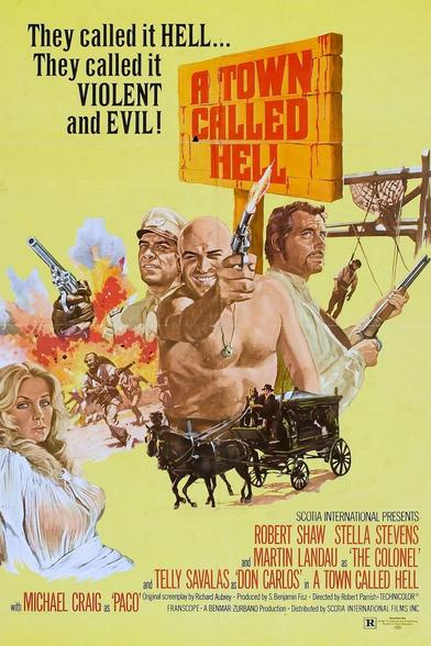 Four posters for the 1971 Spainish-American spaghetti western “A Town Called Hell” from The USA, Germany, Italy and Spain