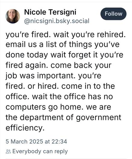 you’re fired. wait you’re rehired. email us a list of things you’ve done today wait forget it you’re fired again. come back your job was important. you’re fired. or hired. come in to the office. wait the office has no computers go home. we are the department of government efficiency.
