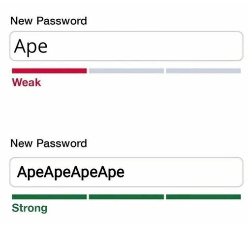 Meme image of "Ape" being a weak password, and "ApeApeApeApe" being a strong password.