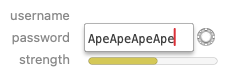 Password strength graph shows that "ApeApeApeApe" is a password of meh strength.