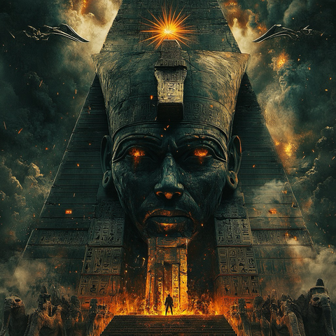 American deconstructionist cinema graphics poster / hauntingly villainous / vigorous aggressiveness / mighty sun god Ra / beautiful complexity perspective / extreme rawness / harsh reality / dark / eerie / foreboding / imposing / intimidating / macabre / menacing / moody / mysterious / ominous / phantasmagorical / strange / uncanny / weird --no women, girls, females