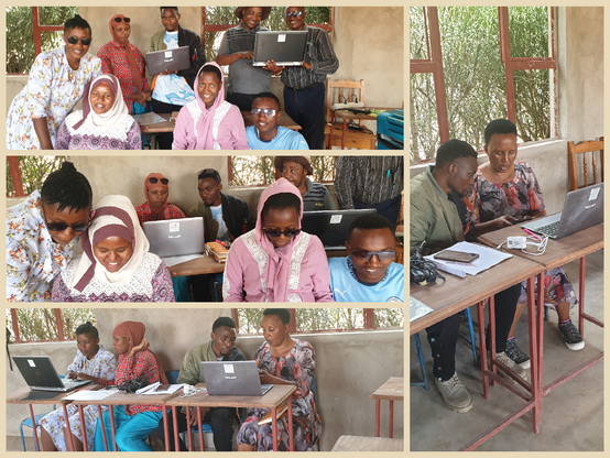 Collage aus 4 Fotos, Alle zeigen den gleichen Raum in Tansania. Lehrer, Lehrerinnen und Betreuer arbeiten sich in die Laptops ein. Im Hintergrund ein Fenster mit Blick ins Grüne. Die Laptops stehen aufgeklappt auf Tischen. Daneben liegen Manuals auf den Tischen. 