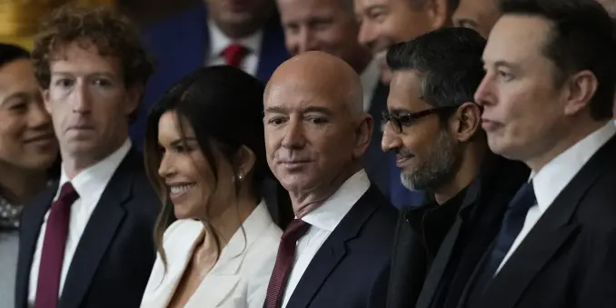 Mark Zuckerberg, Lauren Sanchez, Jeff Bezos, Sundar Pichai and Elon Musk at the inauguration of Donald Trump