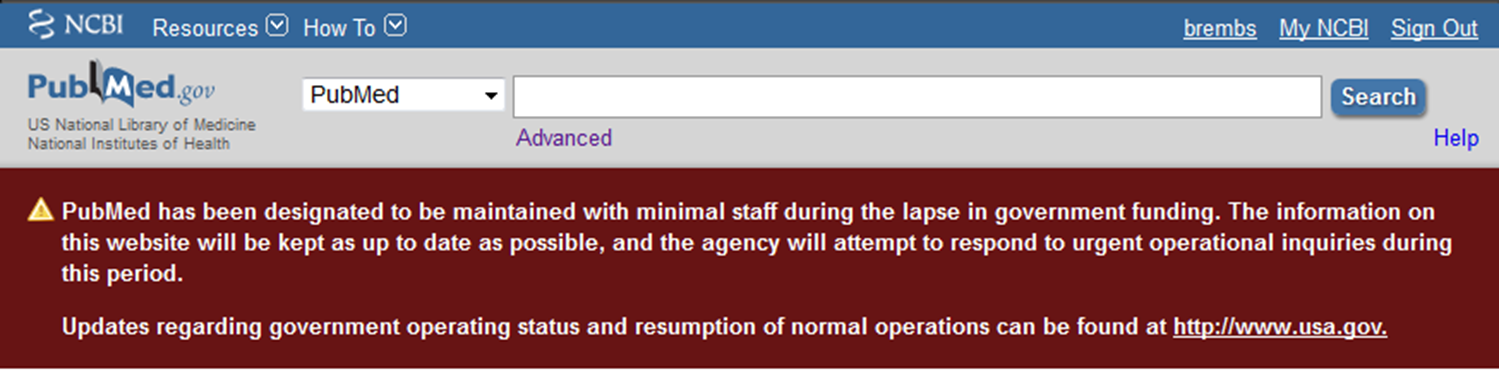 Screenshot of pubmed from 2013 with a warning that the government shutdown may mean pubmed may have to shut down, too.