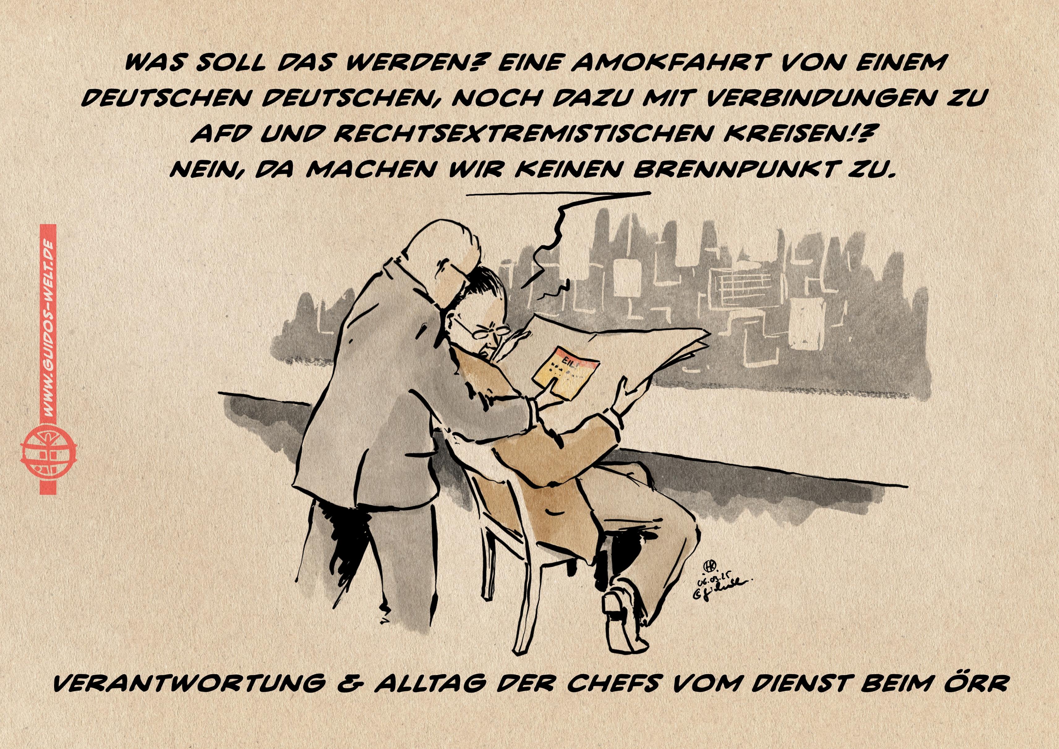 Illustration:// Ein Mann beugt sich zu einer zeitungslesenden sitzenden Person runter, dieser einen gelbroten Zettel mit dem Wort Eil! Zu t+zeigen. Die sitzende Person schaut verärgert über die Schulter auf den ihr hingehaltenen Zettel, sie sagt : WAS __SOLL DAS WERDEN?EINE_AMOKFAHRT_VON_EINEM_DEUTSCHEN_DEUTSCHEN%2C_NOCH_DAZU_MIT_VERBINDUNGEN_ZU_AFD_UND_RECHTSEXTREMISTISCHEN_KREISEN%21%3F_NEIN%2C_DA_MACHEN_WIR_KEINEN_BRENNPUNKT_ZU__Textzeile_VERANTWORTUNG_=&%3B_ALLTAG_DER_CHEFS_VOM_DIENST_BEIM_%C3%96RR=