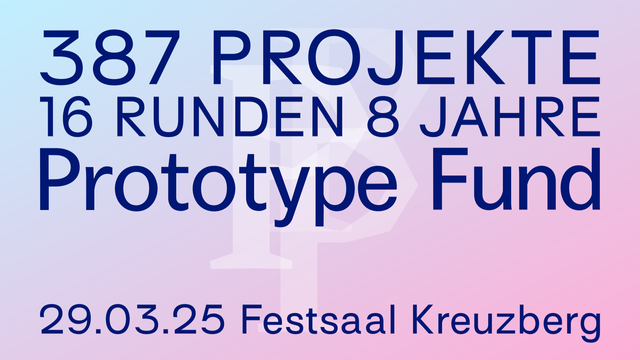 Infographik: Blauer Text auf einem Gradienten-Hintergrund (Pink zu Hellblau): "387 Projekte 16 Runden 8 Jahre Prototype Fund 29.03.25 Festsaal Kreuzberg"