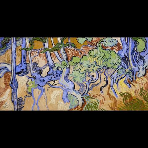 The painting features a forest scene with tall, twisted trees and bushes rendered in a distinctive post-impressionist style. Van Gogh’s use of bold colors and visible brush strokes adds texture to the scene, while also emphasizing the natural beauty of the landscape. The dominant colors are greens, yellows, blues, and reds, creating an atmosphere that is both vibrant and serene at the same time. This work belongs to the genre of landscape painting, showcasing Van Gogh’s unique approach to capturing nature’s essence.