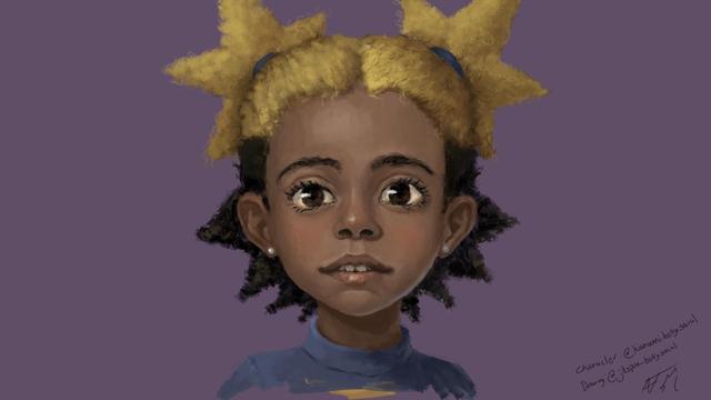 Semi-realistic painterly drawing of Aika from "I don't want to be a magical girl."  Black girl with blond hair on the top in star-shaped pig tails and black hair on the bottom, also somewhat star-shaped.  Drawn in Krita with the block bristles brush.