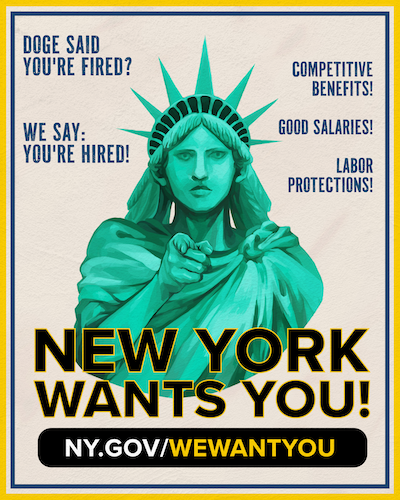 A drawing shows Lady Liberty pointing, in the style of the historic "Uncle Sam wants you" poster. The text read "New York wants you" with the link mentioned in this post's text.
