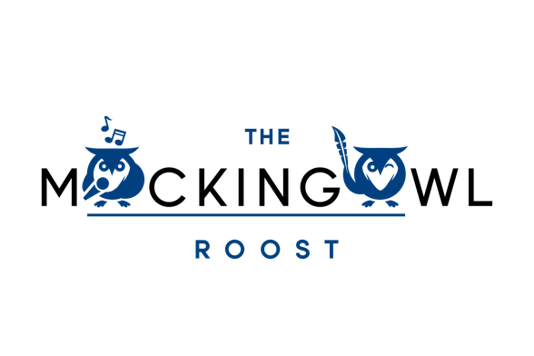The MockingOwl Roost logo - text with "Os" replaced by cartoon owls - one with microphone the other with a quill in blue
