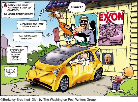 Cartoon from Berkeley Breathed  of the characters mooning posters of oil barons and Exxon, standing on top of and around a recharging electric car. 