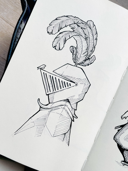 A drawing of a knight’s armour with a tiny bird sitting on the helmet