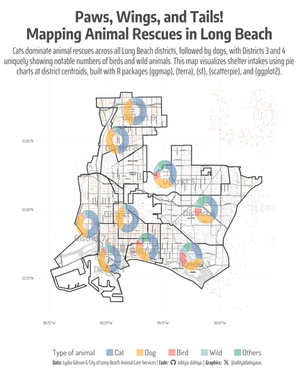 This graphic maps animal rescues across Long Beach districts, with pie charts at district centroids showing the prevalence of cats, dogs, birds, wild animals, and others, revealing cats as the most rescued in all areas and Districts 3 and 4 with notable bird and wild rescues. Created using R with {ggmap} (base map from Stadia Maps), {terra} (raster handling), {sf} (spatial data), {scatterpie} (pie charts), and {ggplot2} (plotting).