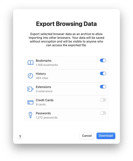 Export browsing data dialog