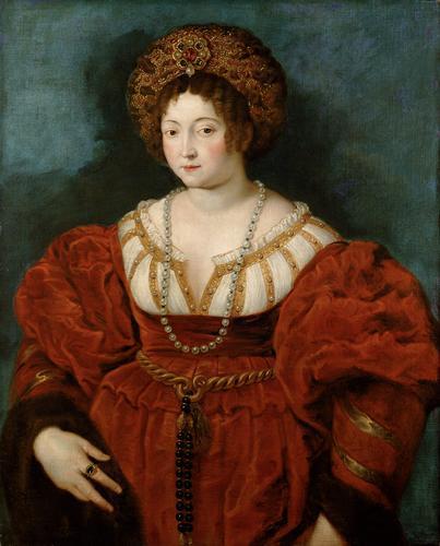 Young woman in a red dress with matching head-dress painted by Peter Paul Rubens.