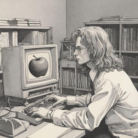 (illustration, 1970s, manga, graphic novel) issac newton, using a computer
