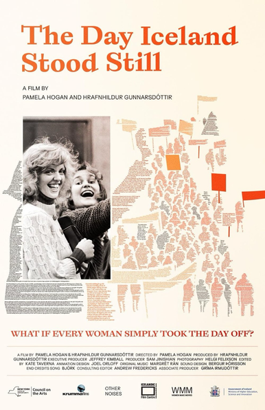 The poster for “The Day Iceland Stood Still” a black and white photo of the march as well as an illustrated image of the marchers. 
