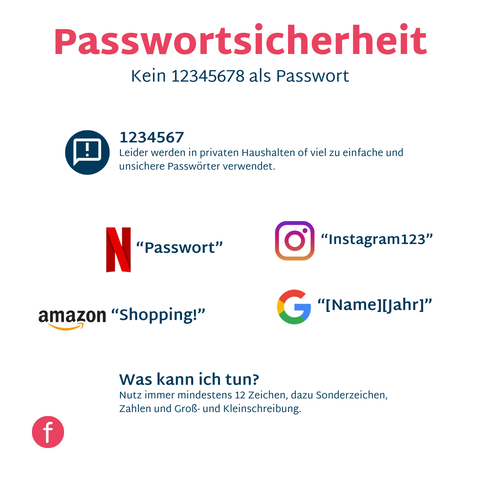 Passwortsicherheit im Privathaushalt ist oft mangelhaft! 🚨 Eine Analyse von fast einer Milliarde Datensätzen zeigt, dass viele Nutzer nachlässige Sicherheitspraktiken anwenden. Einfache Zahlenfolgen wie "123456789" oder das Wort "password" gehören zu den Top 20 der geleakten Passwörter .Warum ist das ein Problem? Solche simplen Passwörter sind leicht zu merken, aber auch ein gefundenes Fressen für Hacker! Brute-Force-Angriffe haben bei solchen Passwörtern oft Erfolg.

Was kannst du tun?

🔍 Wähle robuste Passwörter, die schwer zu erraten sind
🔢 Aktiviere, wann immer möglich, die Multi-Faktor-Authentifizierung (MFA) oder Zwei-Faktor-Authentifizierung (2FA)2
📁 Nutze einen Passwort-Manager, um sichere und einzigartige Passwörter zu generieren und zu speichern

Schütze deine digitalen Daten, bevor es zu spät ist!