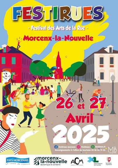 Affiche très colorée du Festival Festirues à Morcenx-La-Nouvelle, montrant une rue traversant un village, au loin un clochet, des arbres et lampadaires, et des personnages qui dansent, regardent assis en rond un comédien jouer, et sur le coin gauche des mîmes en tee-shirt marin, béret noir et visage peint en blanc.