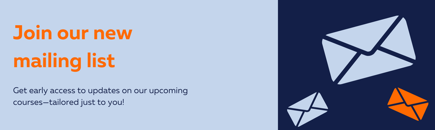 an visual graphic with a text on the left side that says "Join our new mailing list", and images of envelopes on the right side 