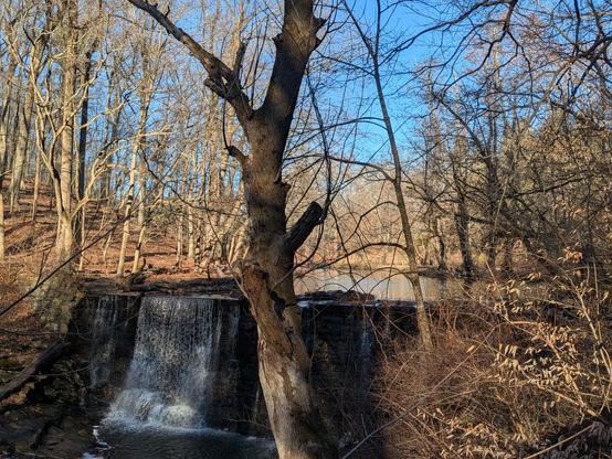 Photo of a waterfall along a creek in the woods. The trees are bare along each bank. The sky is bright blue.