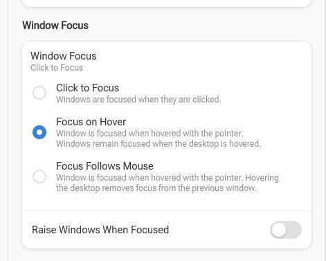 Gnome Tweaks showing the Windows Focus option with a detailed menu