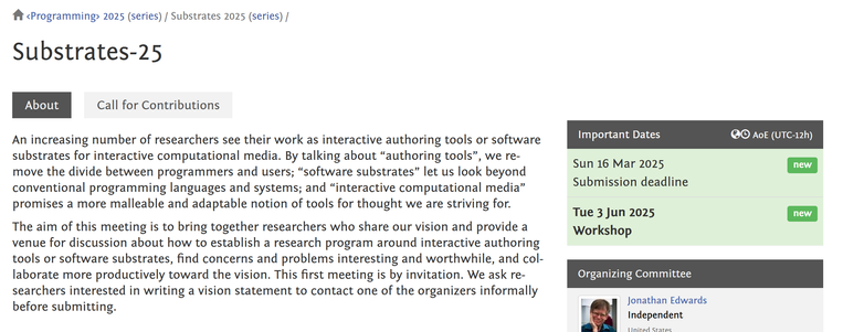 Screenshot of the Substrates workshop website. The displayed submission deadline Sun 16 Mar 2025