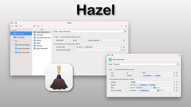 Windows in Hazel showing how to set up rules, courtesy of Noodlesoft