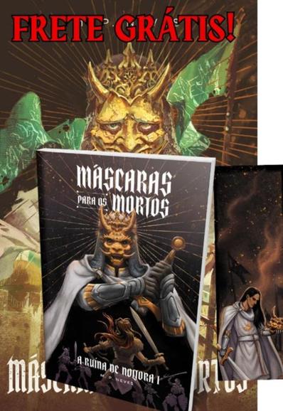 Capa, pôster e marcador de páginas do livro Máscara para os Mortos na campanha do catarse.